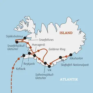 Karte der geführten Rundreise in Island von Reykjavik über Vik und Jökulsarlon bis zur Halbinsel Snaefellsnes.