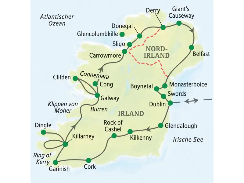 Karte der Studiosus Studienreise durch Irland und Nordirland, die in Dublin startet und über Cork, Galway und Belfast führt.