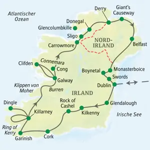 Karte der Studiosus Studienreise durch Irland und Nordirland, die in Dublin startet und über Cork, Galway und Belfast führt.