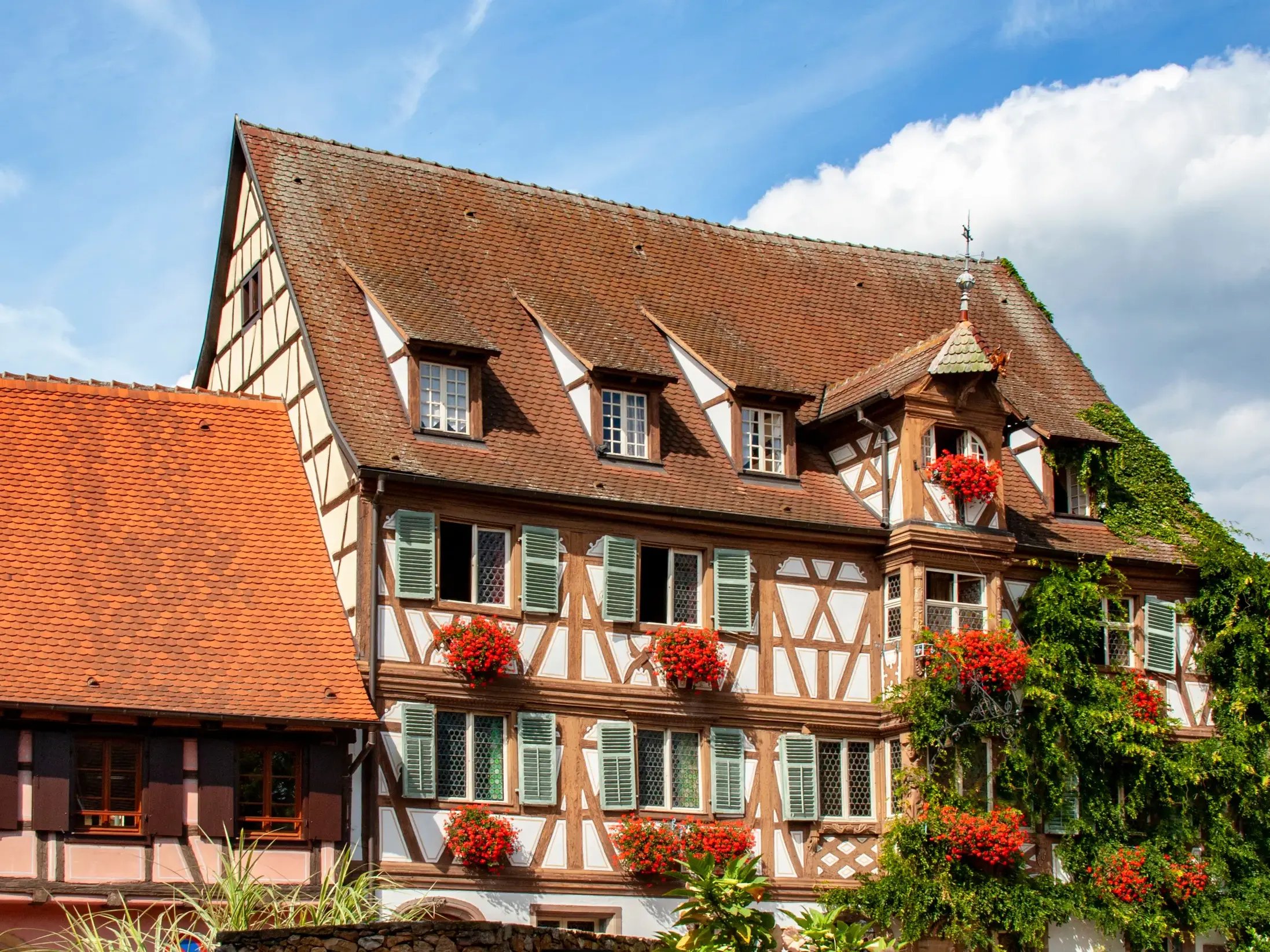 Blumengeschmücktes Fachwerkhaus mit grünen Fensterläden und rotem Ziegeldach an der Elsässer Weinstraße bei Sonnenschein.