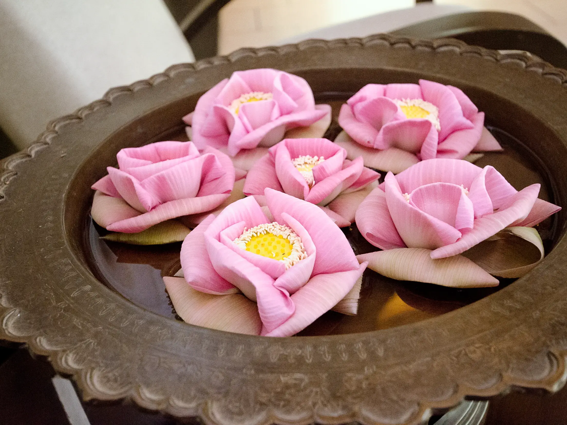Willkommensgruß einer Studienreise: kunstvoll gefaltete rosa Lotusblüten in einer verzierten Wasserschale in Indochina.