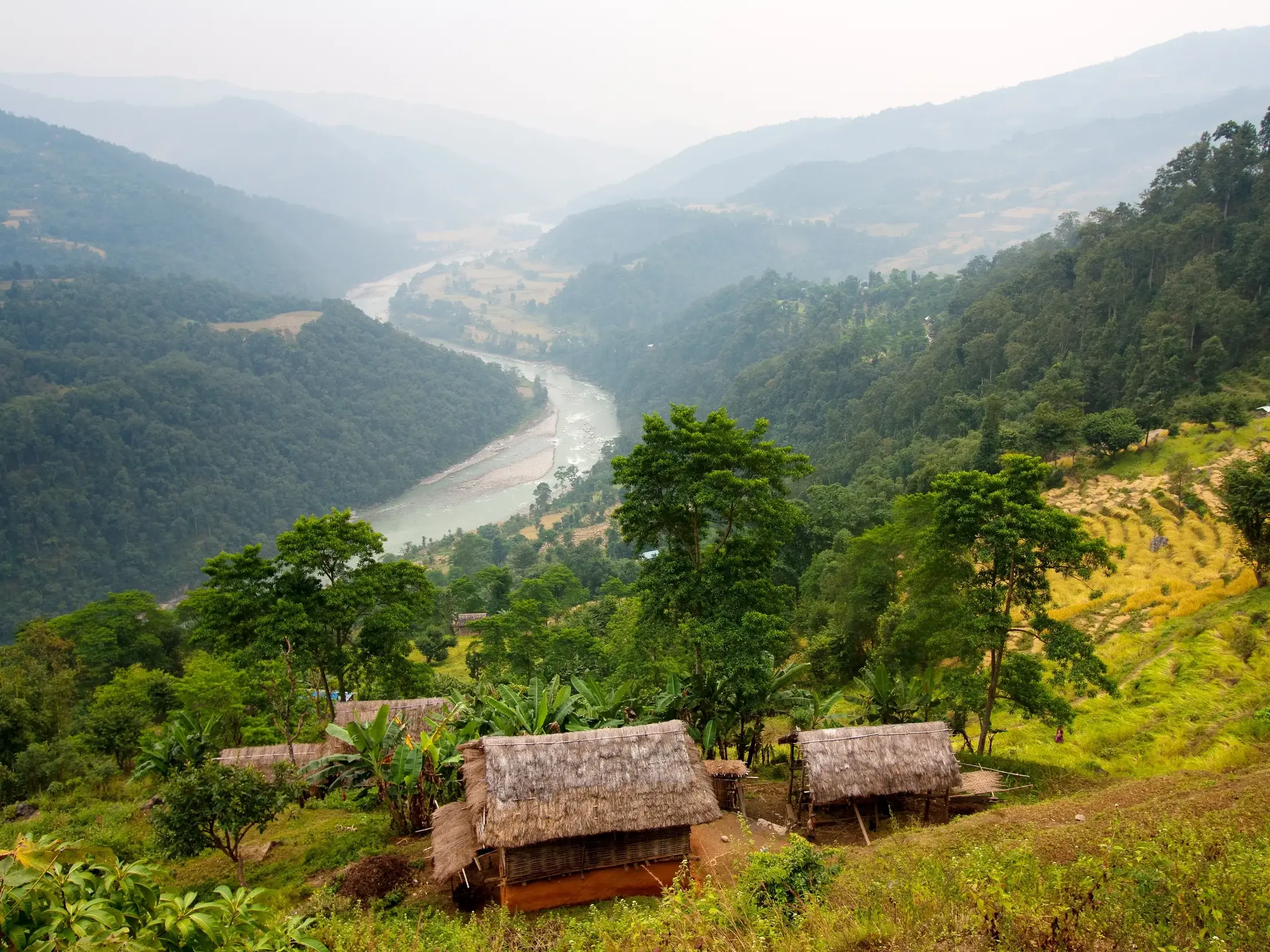 Blick von einem Berghang mit Hütten und Reisfeldern auf den Fluss Arun, der sich durch das grüne, neblige Tal in Nepal zieht.