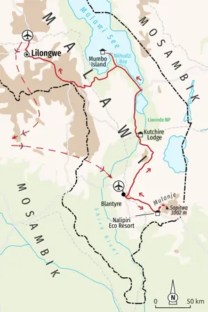 Routenkarte der Hauser Trekkingreise in Malawi: Vom Mulanje-Massiv über den Liwonde Nationalpark zum Malawi-See bis nach Lilongwe.