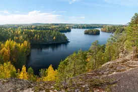 Panoramablick vom Aussichtspunkt Katajavuori auf einen See und die bunten Herbstwälder des Repovesi-Nationalparks.