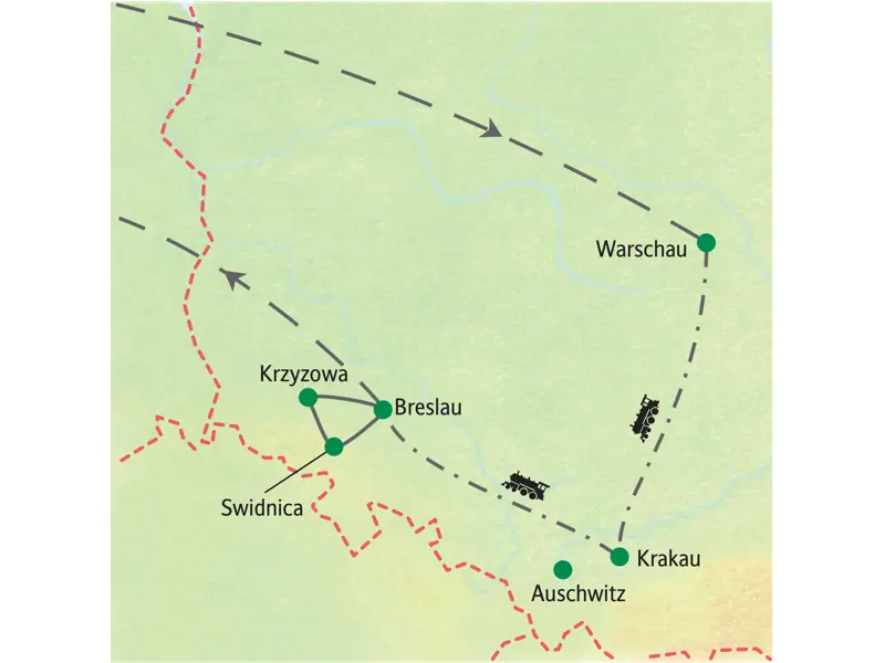 Karte der Studiosus-Bahnreise in Polen: Route von Warschau über Krakau nach Breslau.