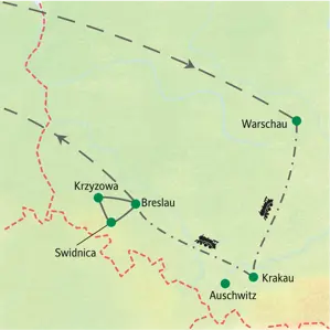 Karte der Studiosus-Bahnreise in Polen: Route von Warschau über Krakau nach Breslau.