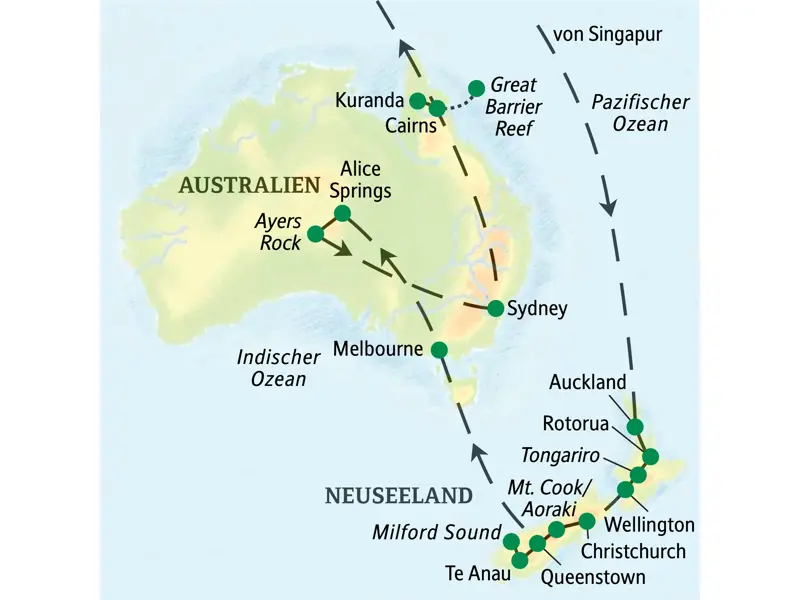 Karte der Studiosus-Studienreise durch Neuseeland und Australien, von Auckland über Melbourne, Sydney und Ayers Rock nach Cairns.