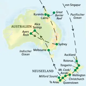 Karte der Studiosus-Studienreise durch Neuseeland und Australien, von Auckland über Melbourne, Sydney und Ayers Rock nach Cairns.