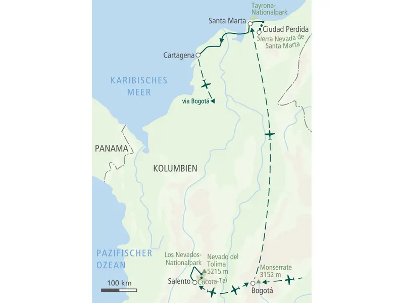 Reiseverlaufskarte: Route von Bogotá zum Los Nevados-Nationalpark, zur Ciudad Perdida und nach Cartagena.
