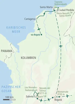 Reiseverlaufskarte: Route von Bogotá zum Los Nevados-Nationalpark, zur Ciudad Perdida und nach Cartagena.