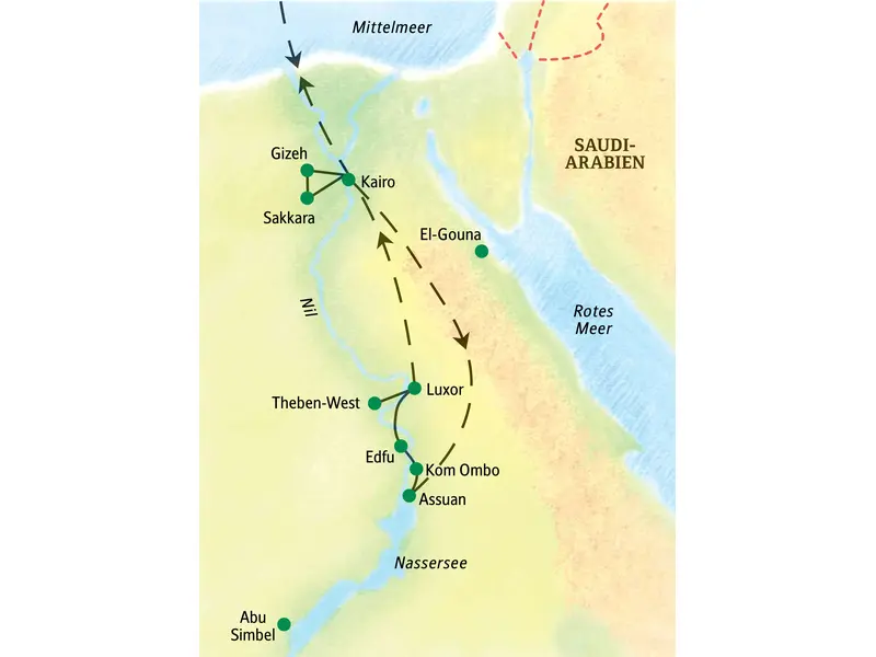 Karte der Ägypten-Studienreise: Verlauf der geführten Rundreise von Kairo und Gizeh über Luxor und Theben-West bis nach Assuan.