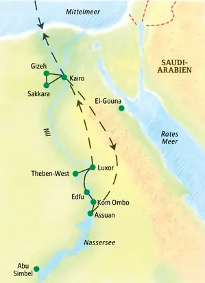 Karte der Ägypten-Studienreise: Verlauf der geführten Rundreise von Kairo und Gizeh über Luxor und Theben-West bis nach Assuan.