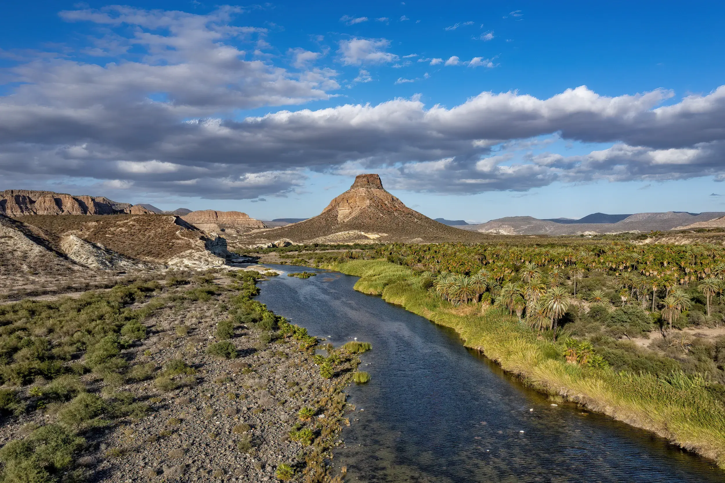 Weite Landschaft der Oase La Purísima auf der Baja California mit Fluss, Palmen und dem markanten Cerro El Pilón.