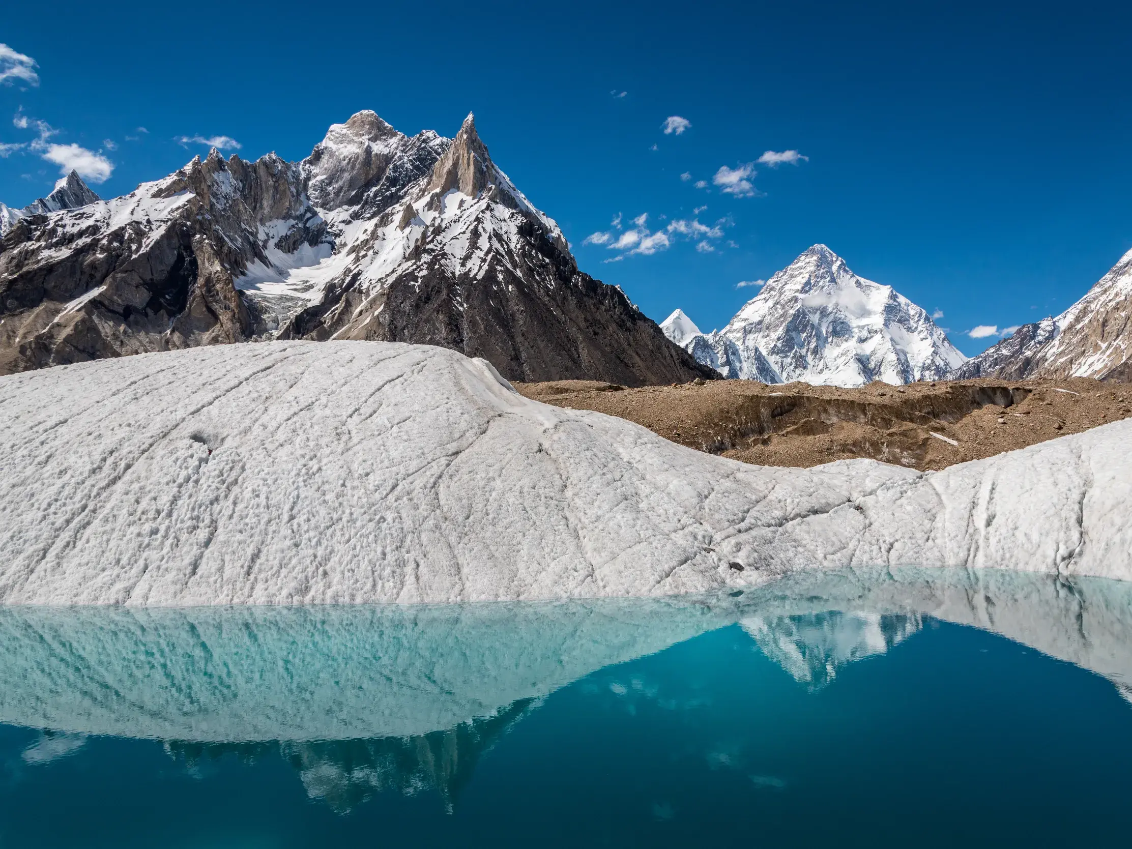 Ein türkiser Schmelzwassersee auf dem Baltoro-Gletscher, in dem sich die majestätischen, schneebedeckten Gipfel des Karakorum spiegeln.