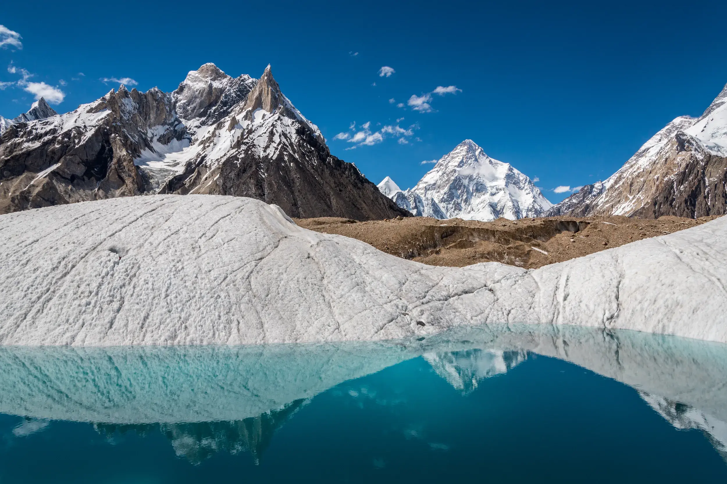 Ein türkiser Schmelzwassersee auf dem Baltoro-Gletscher, in dem sich die majestätischen, schneebedeckten Gipfel des Karakorum spiegeln.