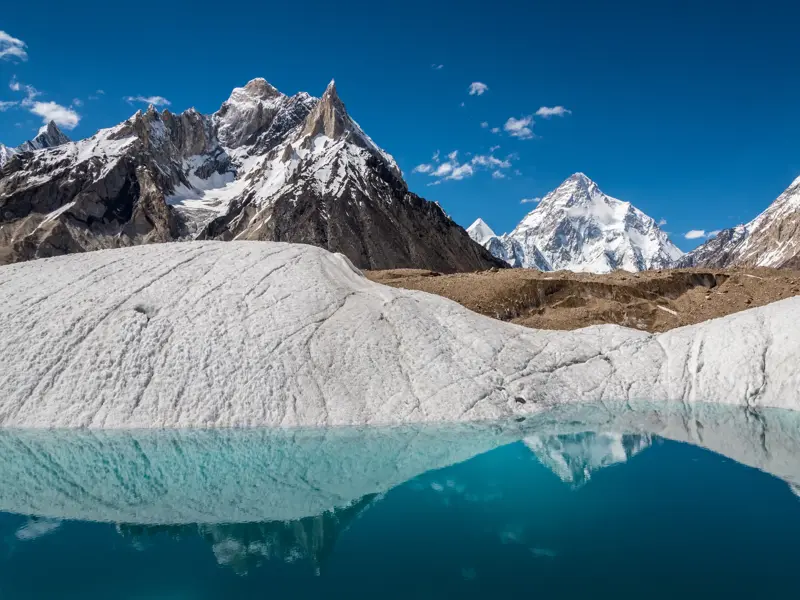 Ein türkiser Schmelzwassersee auf dem Baltoro-Gletscher, in dem sich die majestätischen, schneebedeckten Gipfel des Karakorum spiegeln.
