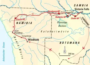 Routenverlauf der Trekkingreise in Namibia: Von Windhoek über Etosha- und Chobe-Nationalpark bis zu den Victoriafällen.