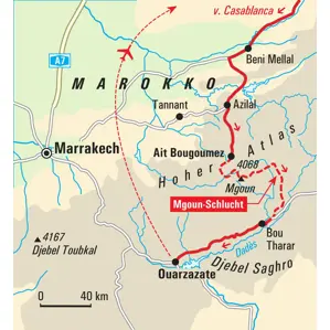 Übersichtskarte der Trekkingreise in Marokko, die durch das Mgoun-Massiv und die Mgoun-Schlucht im Hohen Atlas bis Ouarzazate führt.