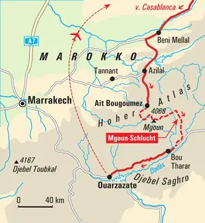 Karte der Trekkingroute im Hohen Atlas, Marokko: Überschreitung des Djebel Mgoun und Durchquerung der spektakulären Mgoun-Schlucht.