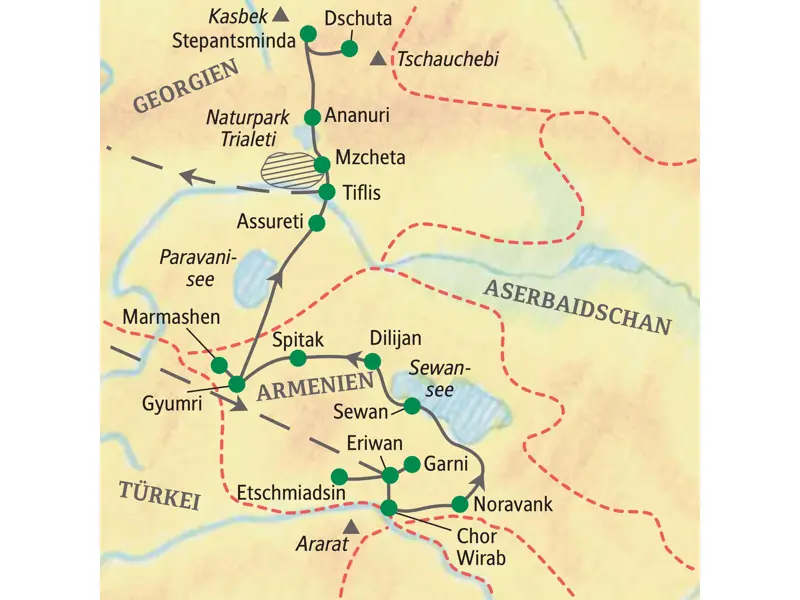 Karte der Studiosus-Wanderreise in Armenien und Georgien: Route der Studienreise von Eriwan über Tiflis nach Stepantsminda im Kaukasus.
