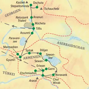 Karte der Studiosus-Wanderreise in Armenien und Georgien: Route der Studienreise von Eriwan über Tiflis nach Stepantsminda im Kaukasus.