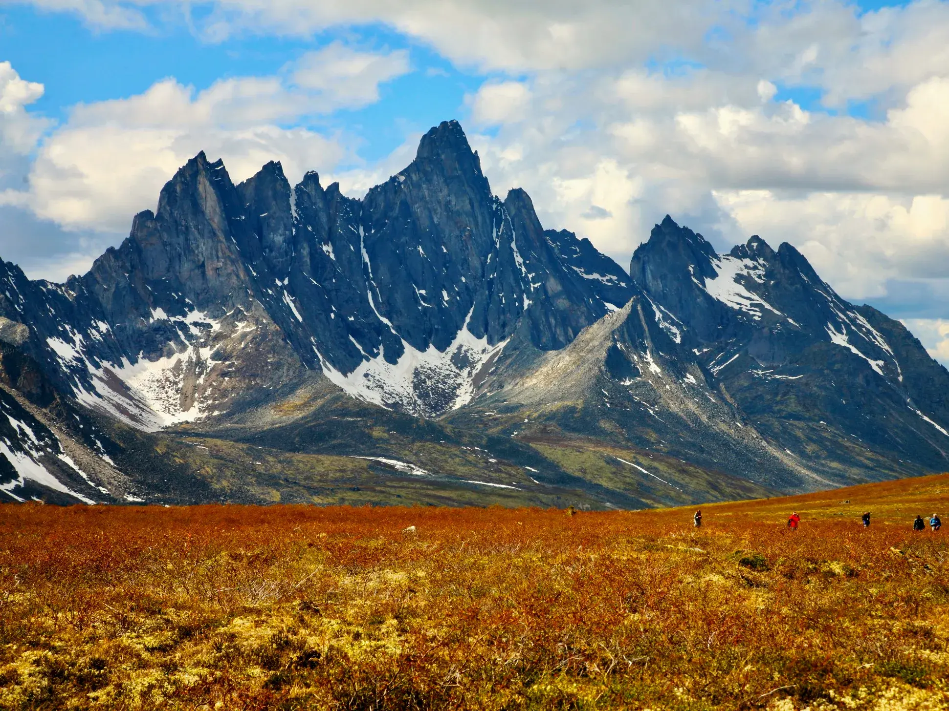 Eine kleine Wandergruppe beim Trekking durch die bunte Tundra vor den zerklüfteten Gipfeln der Tombstone Mountains im Yukon.
