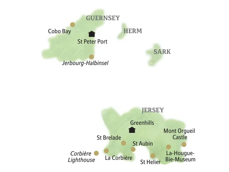 Karte der Studiosus-Studienreise auf den Kanalinseln Guernsey und Jersey mit der Route von St Peter Port bis Saint Helier.