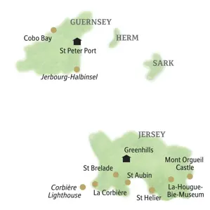Karte der Studiosus-Studienreise auf den Kanalinseln Guernsey und Jersey mit der Route von St Peter Port bis Saint Helier.