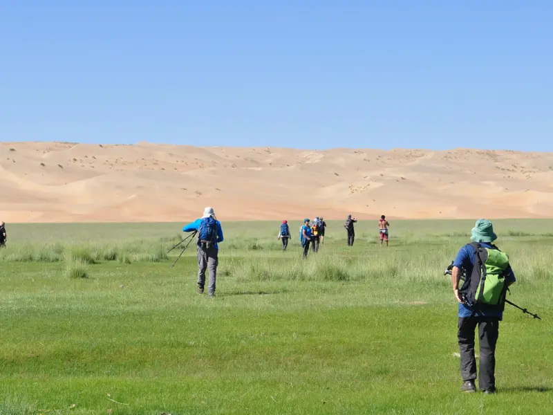 Eine Hauser-Trekkinggruppe wandert durch eine grüne Steppe auf die riesigen Sanddünen von Mongol Els in der Mongolei zu.