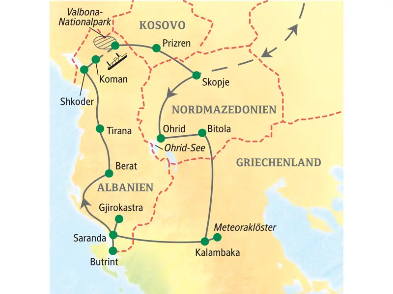 Karte der Studienreise durch Albanien, Nordmazedonien und Griechenland mit Route von Skopje über Ohrid und die Meteoraklöster.