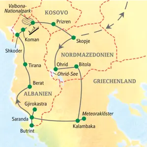 Karte der Studienreise durch Albanien, Nordmazedonien und Griechenland mit Route von Skopje über Ohrid und die Meteoraklöster.
