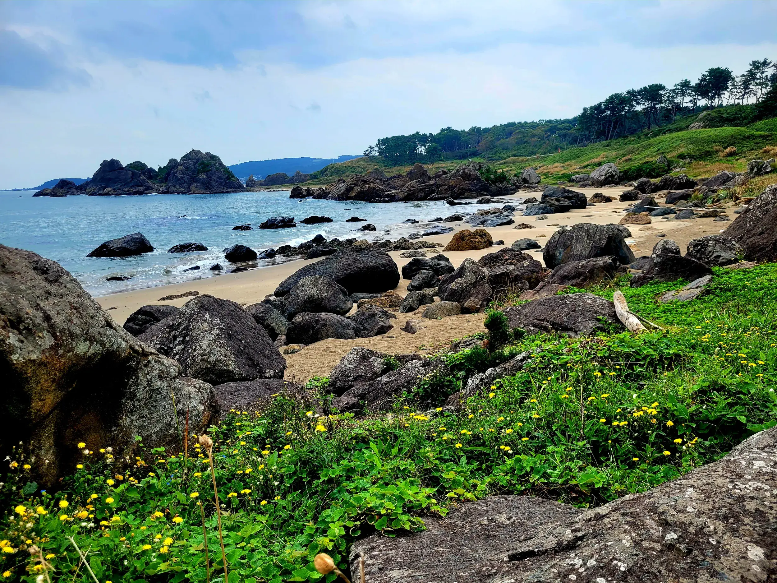Wilde Küstenlandschaft am Michinoku Coastal Trail: Felsen, Sandstrand und grüne Hügel am Pazifik in Japan.