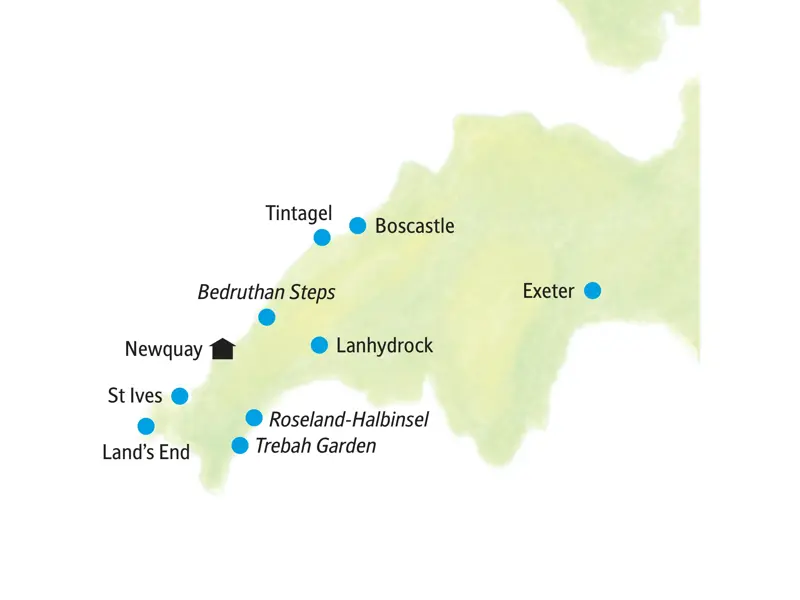 Karte der Studiosus-Studienreise in Cornwall mit Stationen wie Newquay, St Ives, Land's End, Tintagel und Lanhydrock.