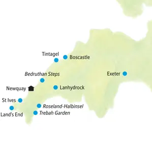 Karte der Studiosus-Studienreise in Cornwall mit Stationen wie Newquay, St Ives, Land's End, Tintagel und Lanhydrock.