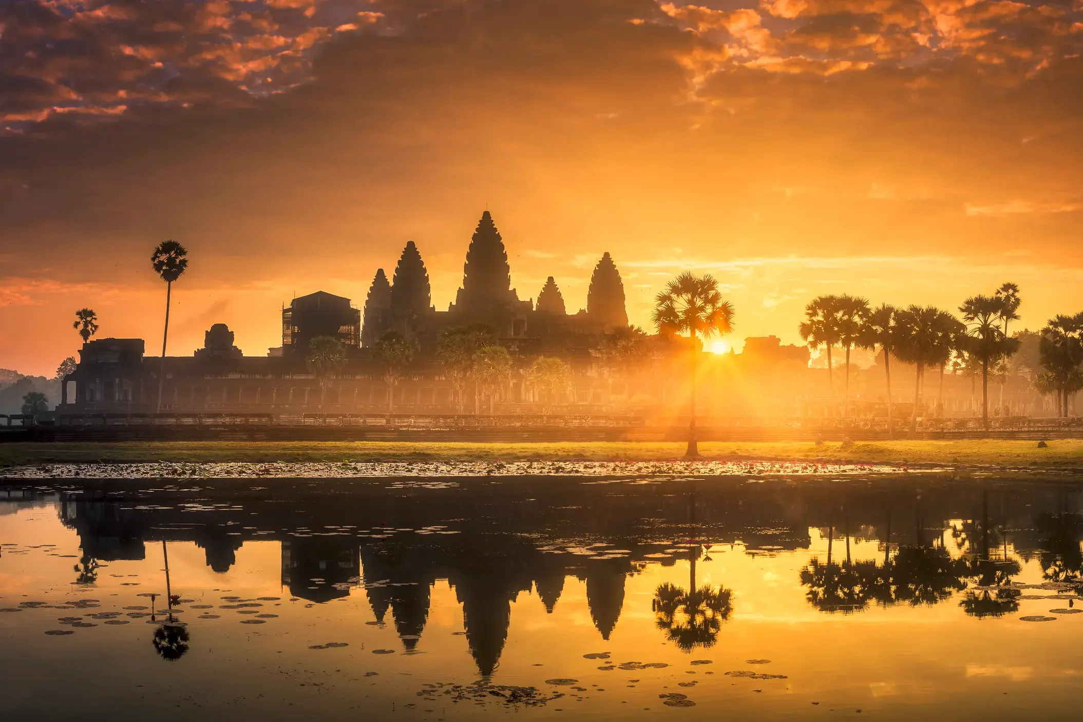 Spektakulärer Sonnenaufgang über der Tempelanlage Angkor Wat in Kambodscha, die sich in einem Teich spiegelt.
