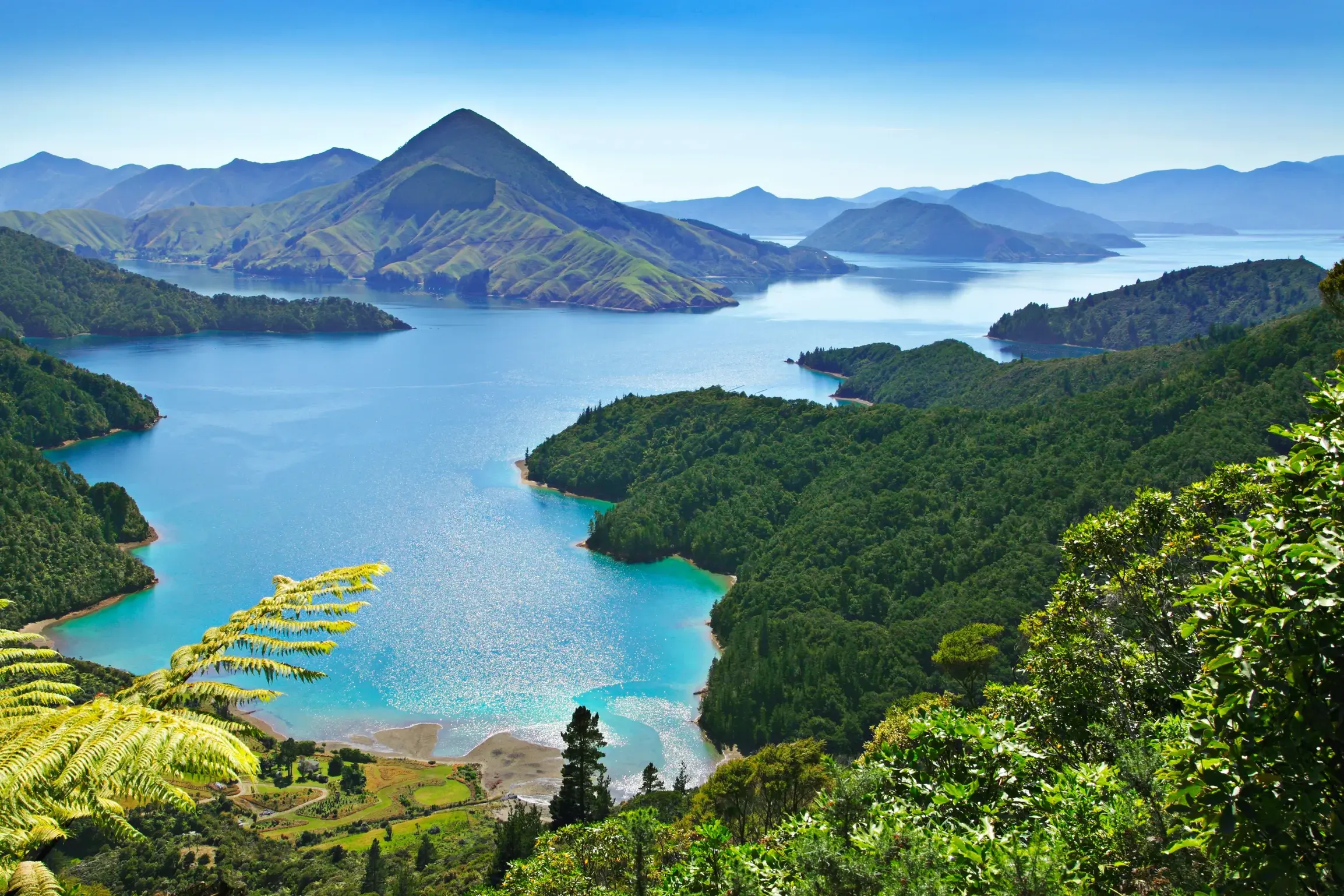 Panoramablick auf die türkisfarbenen Buchten und bewaldeten Hügel des Queen Charlotte Sound auf einer Wanderreise in Neuseeland.