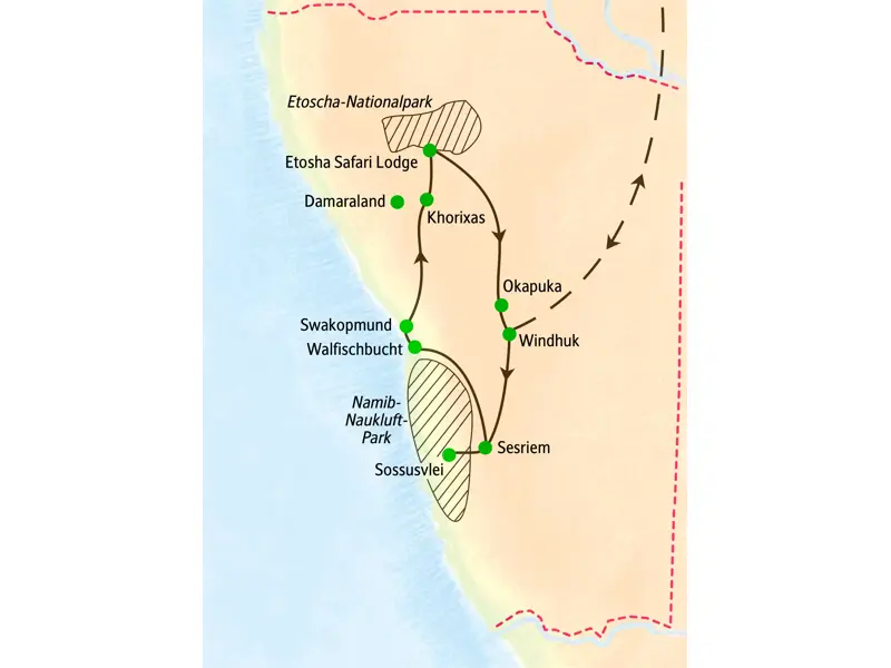 Karte der Studiosus Studienreise in Namibia: Route von Windhuk über Sesriem, Swakopmund und den Etoscha-Nationalpark.