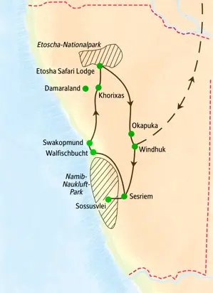 Karte der Studiosus Studienreise in Namibia: Route von Windhuk über Sesriem, Swakopmund und den Etoscha-Nationalpark.