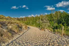 Ein sandiger Wanderweg, gesäumt von Holzpfosten, führt durch die grasbewachsenen Dünen des Słowiński-Nationalparks in Polen.
