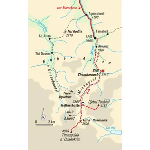 Karte der Trekkingroute im Hohen Atlas Marokkos von Imlil zu den Gipfeln des Djebel Toubkal und Ouanoukrim.