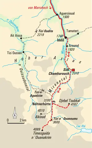 Karte der Trekkingroute im Hohen Atlas Marokkos von Imlil zu den Gipfeln des Djebel Toubkal und Ouanoukrim.