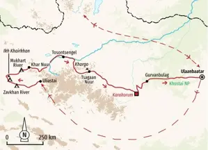 Karte der Hauser Wanderreise in der Mongolei von Uliastai über Karakorum und den Khustai-Nationalpark zurück nach Ulaanbaatar.