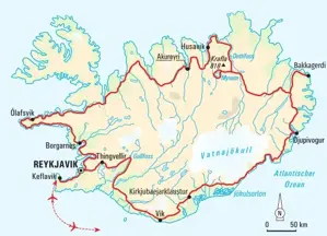 Karte der Hauser Trekking-Rundreise auf Island. Die Route führt von Reykjavik über Akureyri, Mývatn, Jökulsárlón und zurück.