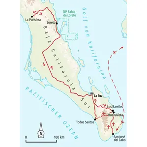 Reiseroute der Hauser Trekkingreise in Baja California Sur, die von San José del Cabo über La Paz und Loreto verläuft.