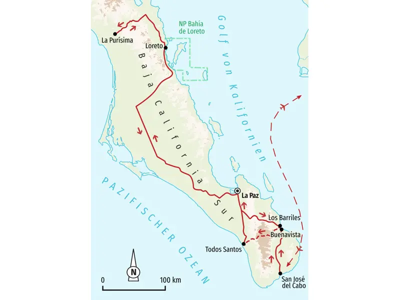 Reiseroute der Hauser Trekkingreise in Baja California Sur, die von San José del Cabo über La Paz und Loreto verläuft.