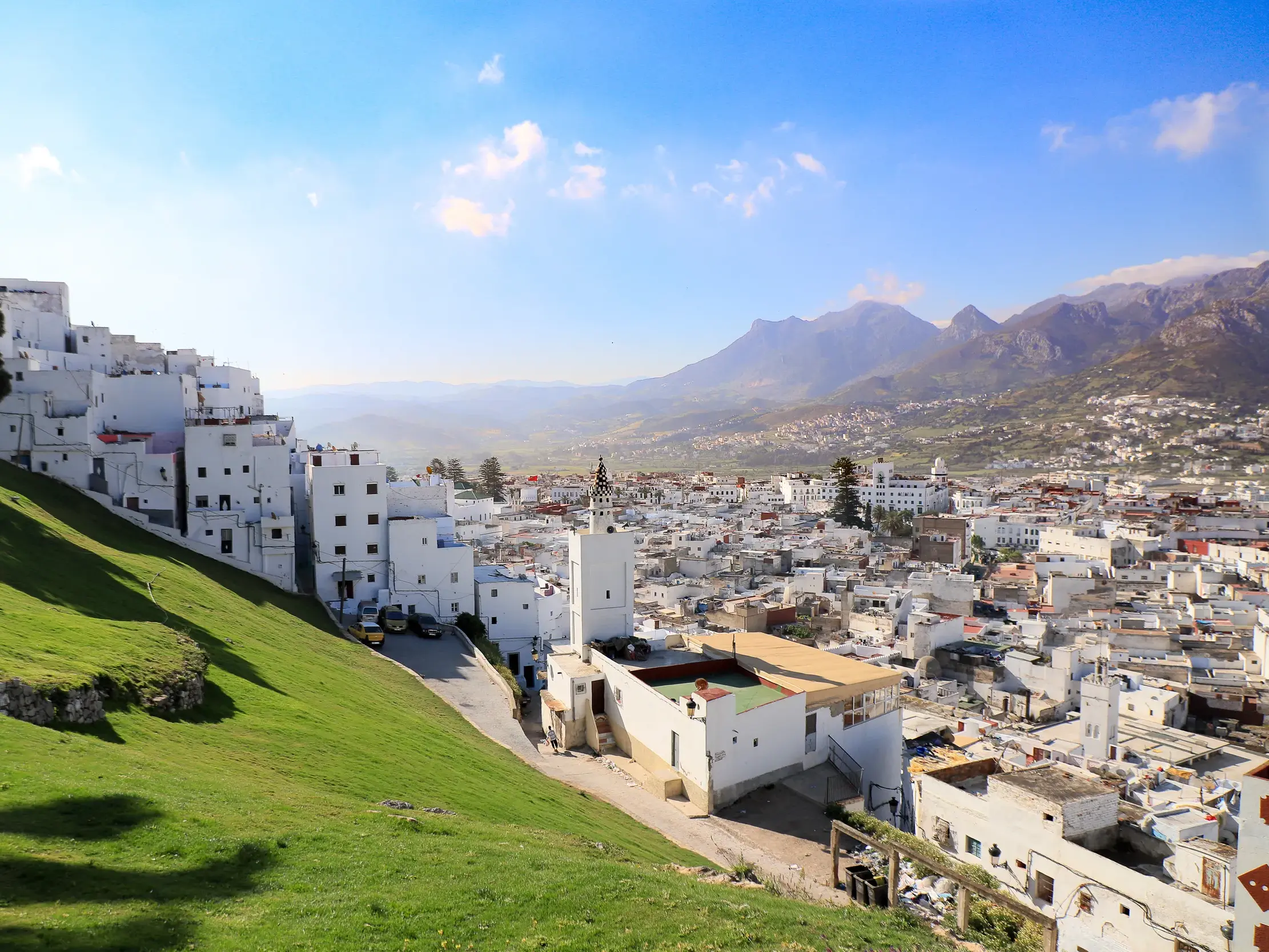 Panoramablick von einem grünen Hügel auf die weiß getünchten Häuser der Medina von Tétouan vor dem Rif-Gebirge in Marokko.
