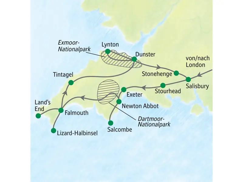 Karte der Studiosus Wanderreise in Südengland von Salisbury über Stourhead, Exeter, Falmouth, Land's End und Stonehenge.