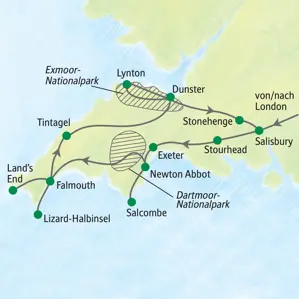 Karte der Studiosus Wanderreise in Südengland von Salisbury über Stourhead, Exeter, Falmouth, Land's End und Stonehenge.