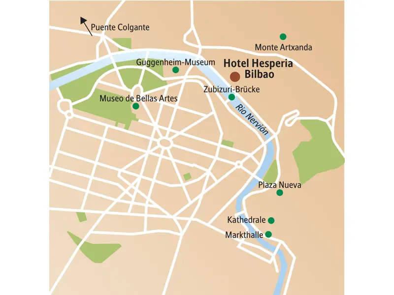 Karte der Studiosus Studienreise in Bilbao mit Sehenswürdigkeiten wie Guggenheim-Museum, Museo de Bellas Artes und Puente Colgante.
