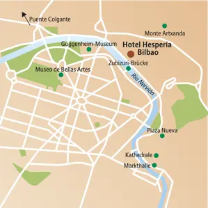 Karte der Studiosus Studienreise in Bilbao mit Sehenswürdigkeiten wie Guggenheim-Museum, Museo de Bellas Artes und Puente Colgante.